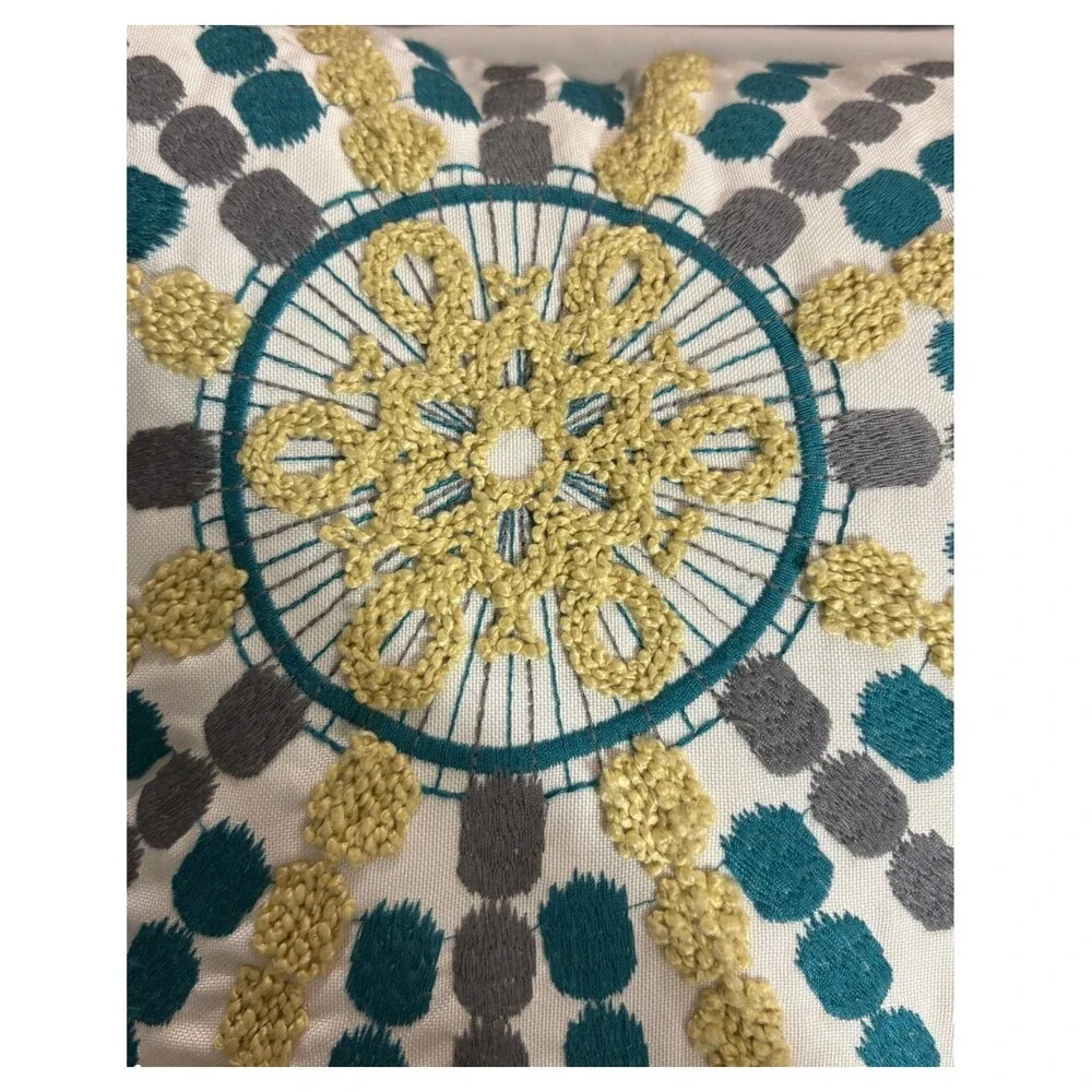 Pier 1 Embroidered Sunburst Pillow Teal Gold White 16 x 16